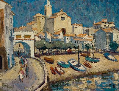Karl Oertel, 1890-1979 Karlsruhe, Ansicht aus Cadaques (Spanien), Öl/Hartfaser, rechts unten monogr., rückseitig signiert, betitelt und dat. 1968, ...