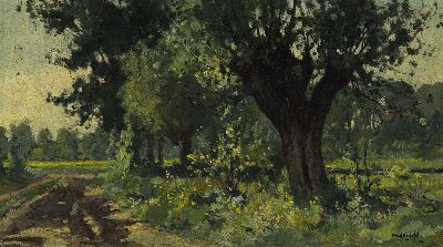 Paul Bodifee, 1866-1939 Amsterdam, Frühlingslandschaft mit Baum bestandenem Waldweg, Öl/Sperrholz, rechts unten sign., ca. 26x45cm, R. ca. 32x52cm
