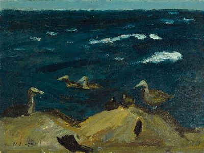 Eigil Wendelboe Jensen, 1899-1940, Enten am felsigen Strand, Öl/Lwd, links unten monogr. und dat. 29, ca. 60x80cm, R. ca. 71x91cm