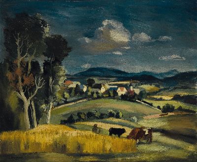 Pierre Robert Lucas, 1913-1978, Sommerliche Landschaft mit weidenden Kühen, Öl/Holz, rechts unten sign. und dat. 1942, ca. 53x65cm, R. ca. 73x84cm