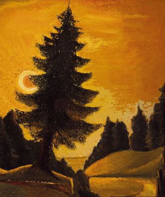 Richard Stitzel, 1893 Mannheim-1982, Sonnenaufgang hinter einer Tanne, Öl/Lwd, rückseitig signiert, ca. 62x52cm, u.Gl., R. ca. 73x63cm
