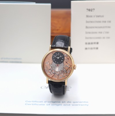 BREGUET hochfeine Herrenarmbanduhr La Tradition in RG 750/000 No. 932 Referenz 7027BR R9 9V6, Handaufzug, orig. Lederband m. orig. RG 750/000 ...