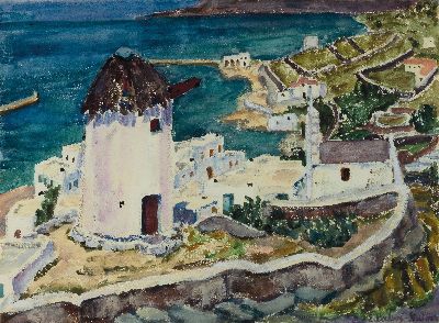 Elisabeth Balwe-Staimmer, 1896 Straubing-1973 Traunstein, Aquarell, griechische Stadtlandschaft, Blick über Küstenstreifen mit charakteristisch ...