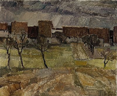 Christel Abresch, 1931 Sulzbach-2011 Neustadt a.d.Weinstr., Ansicht aus Altdorf (Pfalz), Öl/Lwd, rechts unten sign. und dat. 71, ca. 70x85cm, R. ca. ...