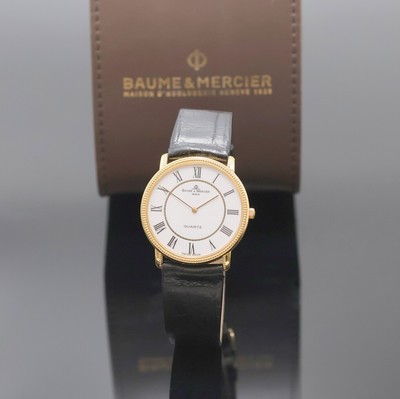 BAUME & MERCIER elegante Armbanduhr in GG 750/000 Referenz 15101, Schweiz um 1990, quarz, 2-tlg. Geh. m. Münzrand u. Perllünette,Boden aufgedr., ...