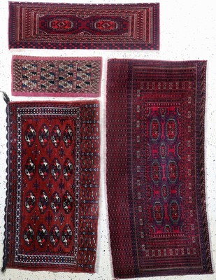 4 Lots Tschowal & Torba, Turkmenistan, um 1900, Wolle auf Wolle, ca. 160 x 72 cm, ca. 112 x 35 cm, ca. 115 x 40 cm, ca. 100 x 70 cm, EHZ: 2-3