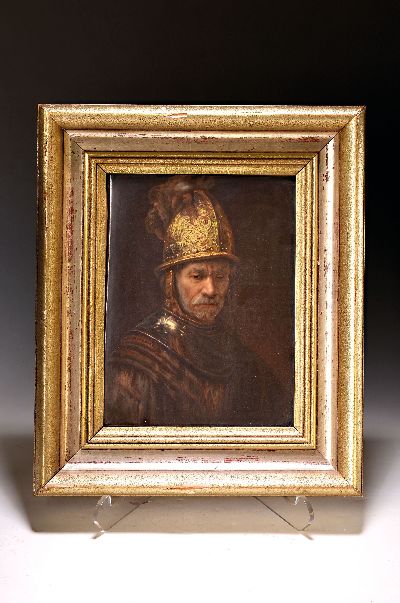 Porzellanmalerei von E. Scherf, Lichte in Thüringen, um 1910, Der Mann mit dem Goldhelm nach Rembrandt, rückseitig so beschriftet, ca. 30x24cm, R. ...