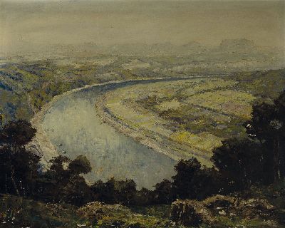Otto Pippel, 1878 Lodz-1960 Planegg, Blick von der Bastei auf das Elbetal, Sächsische Schweiz, rückseitig auf altem Etikett so betitelt, Öl/Lwd, ...