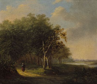 Nicolas Johannes Roosenboom, 1805-1880, Landschaft mit Bäumen am Flusslauf und einer Spaziergängerin, Öl/Holz, links unten sign., ca. 20x23cm, R. ...
