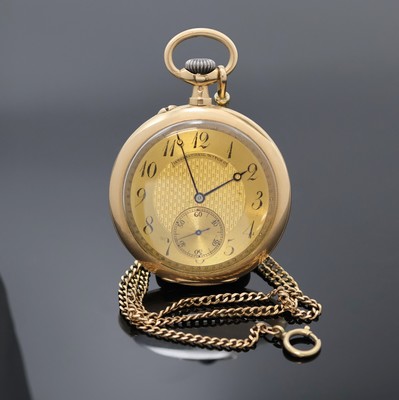 IWC offene Herrentaschenuhr in Roségold 585/000 an Kette in GG 333/000, Schweiz um 1898, glattes Geh. dell., sign. Goldcuvette, gold. guill. ...