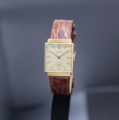 UNIVERSAL Geneve quadratische Armbanduhr mit verdeckten Anstößen in GG 750/000 Referenz 6196, Schweiz um 1940, Handaufzug, 2-teil. Geh., Boden ...
