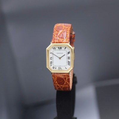 Jaeger-LeCoultre 8-eckige Armbanduhr in GG 750/000 Referenz 9101, Schweiz um 1980, Handaufzug, 2-teil. Geh., Boden aufgedr., orig. Krone, weißes ...