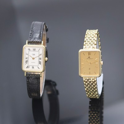 JEAN MARCEL / CITO 2 rechteckige Damenarmbanduhren in GG 585/000, Schweiz um 1990, quarz, 2-teil. Geh., Böden aufgedr., 1) m. GG 585/000 Band, gold. ...
