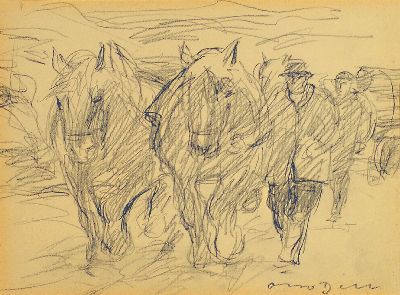 Prof Otto Dill, 1884 Neustadt-1957 Bad Dürkheim, Bleistiftzeichnung, zwei Bauern mit einem Paar Pferdefuhrwerke, PP Ausschnitt 17x22 cm, unter Glas ...