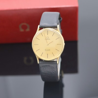 OMEGA Armbanduhr In GG 585/000 Referenz 191 0056 mit Box, Schweiz um 1980, quarz, 2- teil. Geh. m. aufgedr. Boden, gold. Zifferbl. m. gold. ...