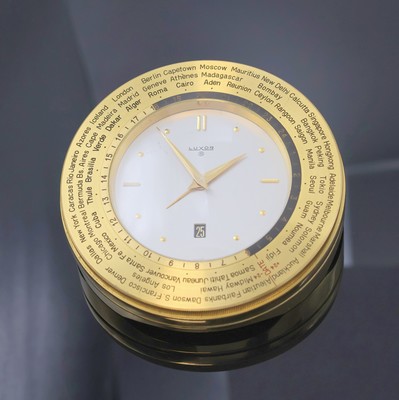 LUXOR 8-Tage Tischuhr mit Wecker und Weltzeit, Schweiz um 1965, massiv. verg. Messinggeh., beids. drehb. Lünette m. Weltstädten, Aufzug u. ...