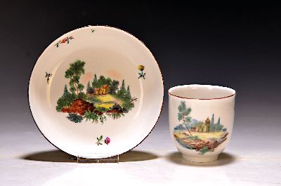 Tasse mit Untertasse, Frankenthal, 1785, CT-Marke, Porzellan, Landschaftsbemalung kl. Dorfkirche bzw. Gehöft mit Baumbestand und stil. Landschaft, ...