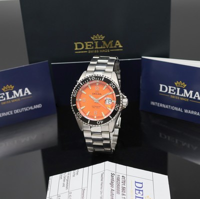 DELMA Santiago Herrenarmbanduhr Referenz 41701.560.6, Schweiz um 2010, Automatik, Edelstahlgeh. inkl. Gliederband m. Faltschl., beids. vergl., Boden ...