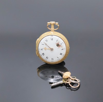 LE ROY A PARIS Spindeltaschenuhr in 750/000 quatre couleurs Goldgehäuse, Frankreich um 1780, offenes Geh. m. großem Seitenscharnier, rückseitig ...