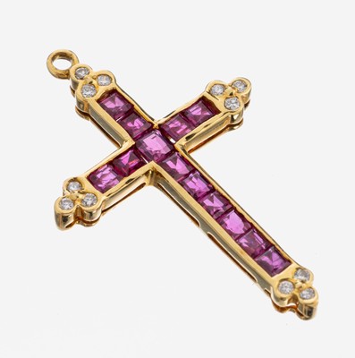 18 kt Gold Rubin-Brillant-Kreuzanhänger, GG750/000, 13 Rubin-Carrees zus. ca. 0.26 ct, 12 Brillanten zus. ca. 0.06 ct Weiß/si, ca. 2.8 x 1.8 cm, ...