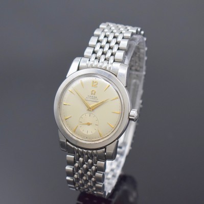OMEGA Seamaster Herrenarmbanduhr mit Hammerautomatik Referenz 2766-2, Schweiz um 1954, Boden aufgedr., orig. Stahlband m. Faltschl., silb. Zifferbl. ...