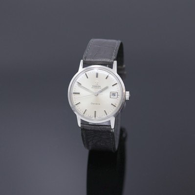 OMEGA Geneve Herrenarmbanduhr Referenz 166.070, Schweiz um 1969, Edelstahlgeh., Boden verschr., vers. Zifferbl. m. aufgel. Indizes l. fl., Datum bei ...