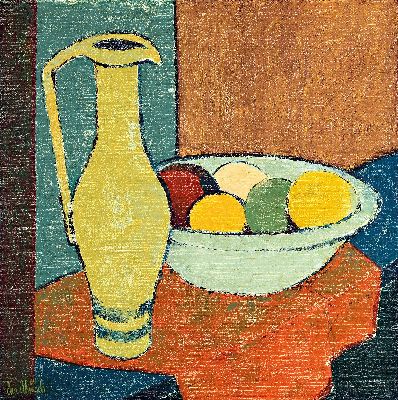 Christel Abresch, 1931 Sulzbach-2011 Neustadt , frühes Stillleben mit Krug und Obstschale,1964, signiert und datiert, Öl/Lwd, Rahmen 73x73 cm
