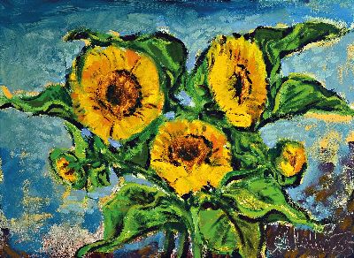 Klaus Heinrich Keller, 1935 Godramstein-2018 , Stillleben mit Sonnenblumen, 1965, signiert und datiert, Öl/Lwd, 56x75 cm, Rahmen71x91 cm