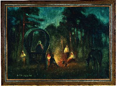 Helmut Wanschap, 1911 Berlin-1987 Kusel, Stimmungslandschaft, Reisende am Lagerfeuer, Öl/Lwd, signiert, Rahmen, 58x80 cm