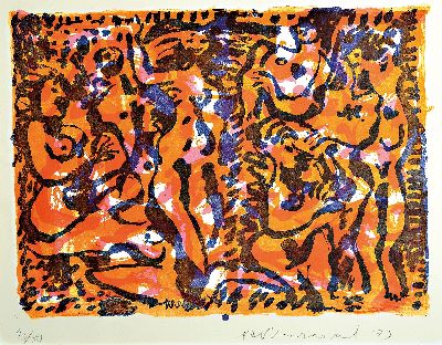 Rudi Baerwind, 1910-1982 Mannheim, Farblithographie, dionysische Figurenkomposition in orange und blau, 1973, Ed. 43/50, signiert, unter Glas gerahmt ...