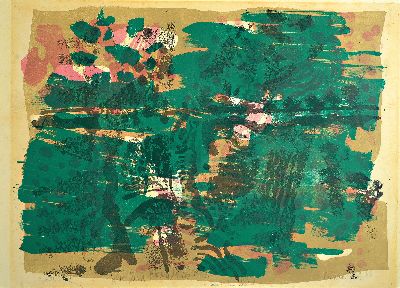 Rudi Baerwind, 1910-1982 Mannheim, Farblithographie, "im Wald" 1968, 1. Abdruck von 2, handsigniert, gebräunt, unter Glas gerahmt 54x75 cm