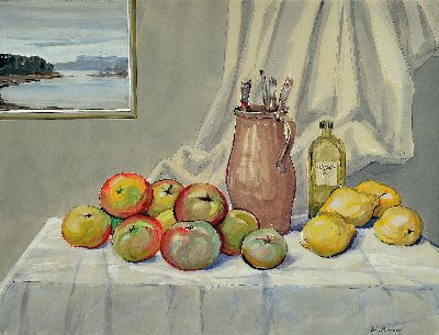 Werner Brand, 1933 Löbau-2021 Hochstadt, Aquarell, Stillleben mit Terpentin Flasche einem Krug mit Pinseln, Äpfel und Gemälde des Altrheins, ...