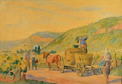 Georg Vorhauer, 1903 Paris-1987 Neustadt, Aquarell, Weinleselandschaft, 1938, signiert und datiert, gebräunt, unter Glas gerahmt 75x94 cm