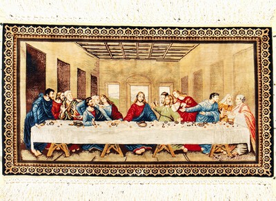 Hereke Seide sehr fein"das letzte Abendmahl" Türkei, signiert"Özipek", Ende 20.Jhd, reine Naturseide, ca. 49 x 30 cm, ca. 2,25 ...