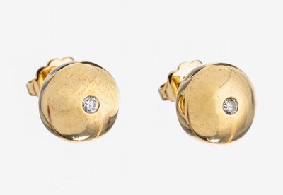 Paar 14 kt Gold Ohrstecker, GG 585/000, schlicht, rund, 2 kl. Diamantimitationen, ca. 3.3 g, D. ca. 9 mm