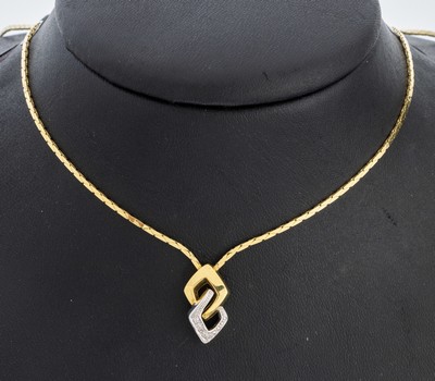 14 kt Gold Diamant-Collier, GG/WG 585/000, 3 kl. in WG gefasste 8/8-Diamanten, L. ca. 40 cm, Kastenschloss mit Sicherheitsacht, ca. 6.5g