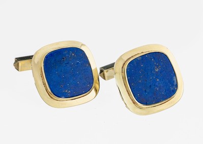 Paar 14 kt Gold Lapislazuli-Manschettenknöpfe, GG 585/000, schlichtes Design, freie Lapislazuli-Platten, ca. 17.1 g