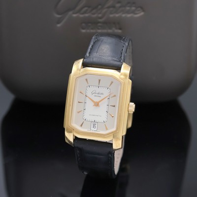 GLASHÜTTE ORIGINAL Armbanduhr Senator Karrée in RoseG 750/000, Automatik, Deutschland um 2000, beids. vergl. Geh. inkl. Lederband (zu ern.) m. ...