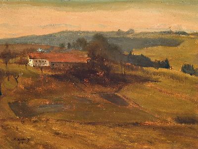 Wohl Albert König, 1881-1944, süddeutsche Landschaft, Blick über ein Gehöft, links unten signiert und datiert 1925, Öl/Lwd, 35x47 cm, Rahmen ...