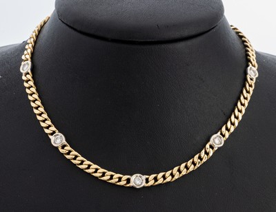 14 kt Gold Brillant-Collier, GG/WG 585/000,5 einzeln in WG gefasste Brillanten zus. ca. 1.0 ct Weiß/si, L. ca. 43 cm, Kastenschloss mit ...