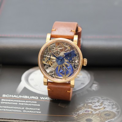 SCHAUMBURG WATCH Armbanduhr Unikatorium, Handaufzug, verg. Geh. inkl. orig. Lederband m. orig. Dornschl., beids. vergl., Boden verschr., skel. ...