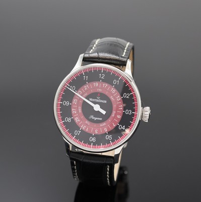 MEISTERSINGER Pangaea Day Date Einzeiger- Herrenarmbanduhr, Automatik, Schweiz um 2021, Edelstahlgeh. inkl. orig. Lederband m. orig. Dornschl., ...