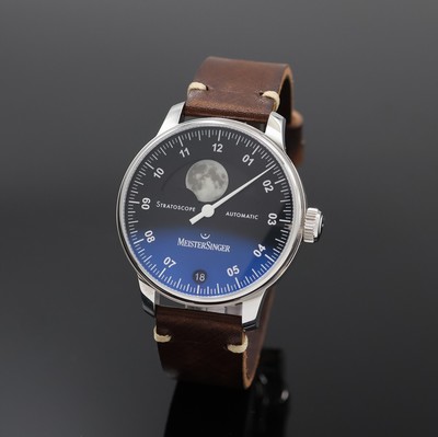 MEISTERSINGER Stratoscope Einzeiger- Herrenarmbanduhr, Automatik, Schweiz um 2023, Edelstahlgeh. inkl. orig. Lederband m. orig. Faltschl., beids. ...