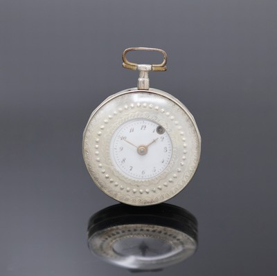 Spindeltaschenuhr bezeichnet "Breguet" in Silber, Schweiz um 1820, Schlüsselaufzug, glattes Geh. m. flachem Rand dell., Emailzifferbl. ...