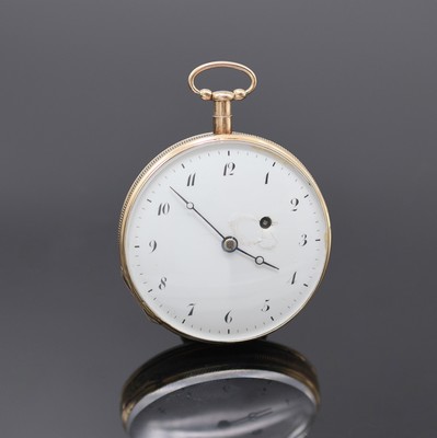 Spindeltaschenuhr mit 1/4 Stunden-Repetition in Rosegold 750/000, Schweiz um 1820, Schlüsselaufzug, glattes Geh. m. geripptem Rand dell., verg. ...