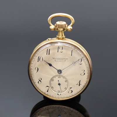 LECOULTRE & CIE / FRESARD WATCH offene Herrentaschenuhr im Relief-Goldgehäuse in 750/000, Schweiz um 1920, 2-Deckel-Goldgeh. m. geripptem Rand, ...