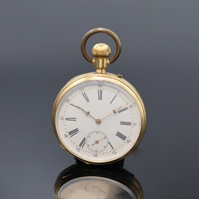 Offene Herrentaschenuhr in GG 750/000, Schweiz um 1880, guill. Geh. dell., verg. Cuvette, Emailzifferbl. m. röm. Zahlen, kl. Sek. b. 6, gold. ...