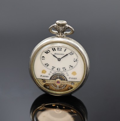 HEBDOMAS offene Herrentaschenuhr mit 8 Tagewerk in Nickel, Schweiz 20. Jhd., Relief-Geh. m. rücks. Jagdszene, 4/5- Emailzifferbl., sichtb. Unruh b. ...