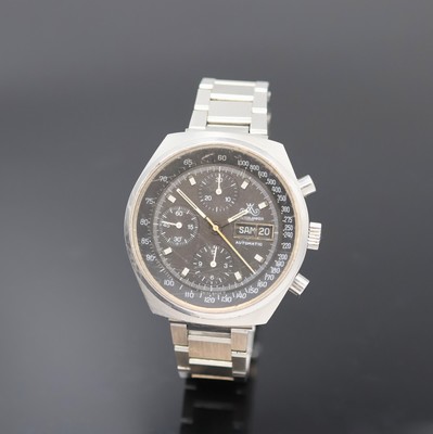 MEISTER-ANKER Armbandchronograph in Stahl, Schweiz um 1980, Automatik, Boden verschr., Dugena Stahlband, schwarzes Zifferbl., Leuchtindizes u. ...