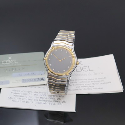 EBEL Armbanduhr in Stahl/Gold Referenz 181903, Schweiz verk. lt. Pap. 11/1990, quarz, 5-fach über Lünette verschr., orig. Wellengliederband m. ...
